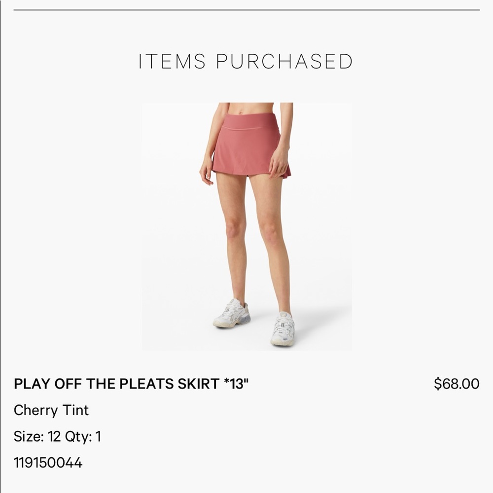 Lululemon play off the pleats skirt cherry tint 12